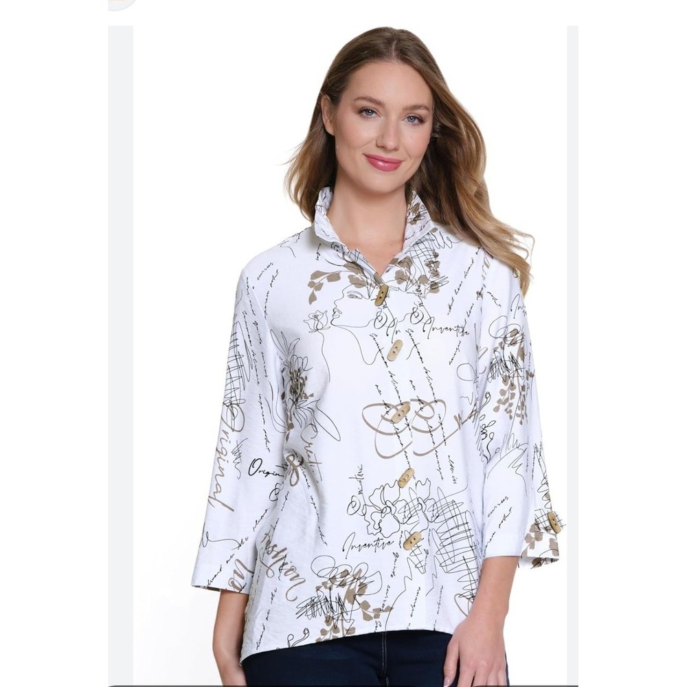 Ali Miles Tunic 2X White Brown Abstract Script Faces Print Wire Collar Lagenlook